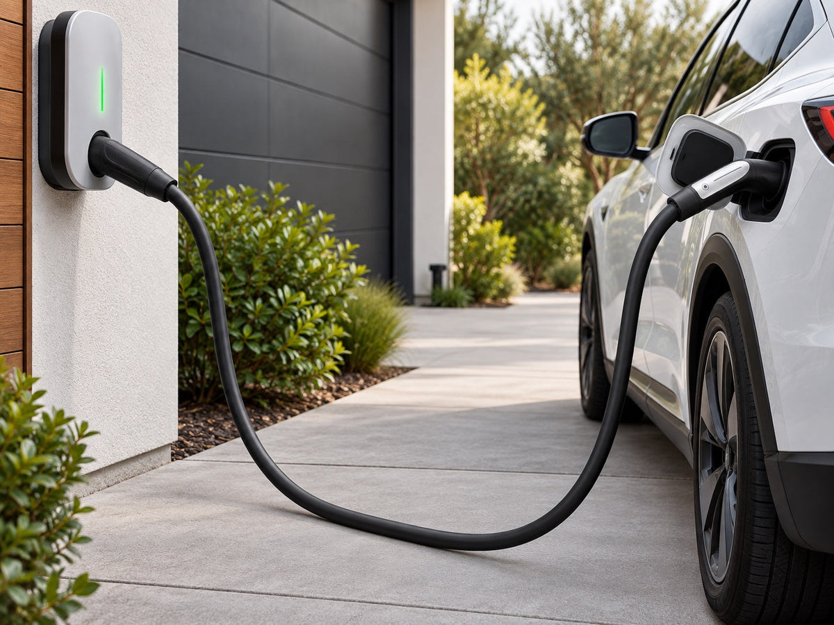NACS charging extension cable connecting a home charger to an electric vehicle