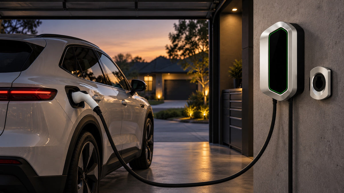 Wall-mounted EV charger charging an electric vehicle in a modern residential garage