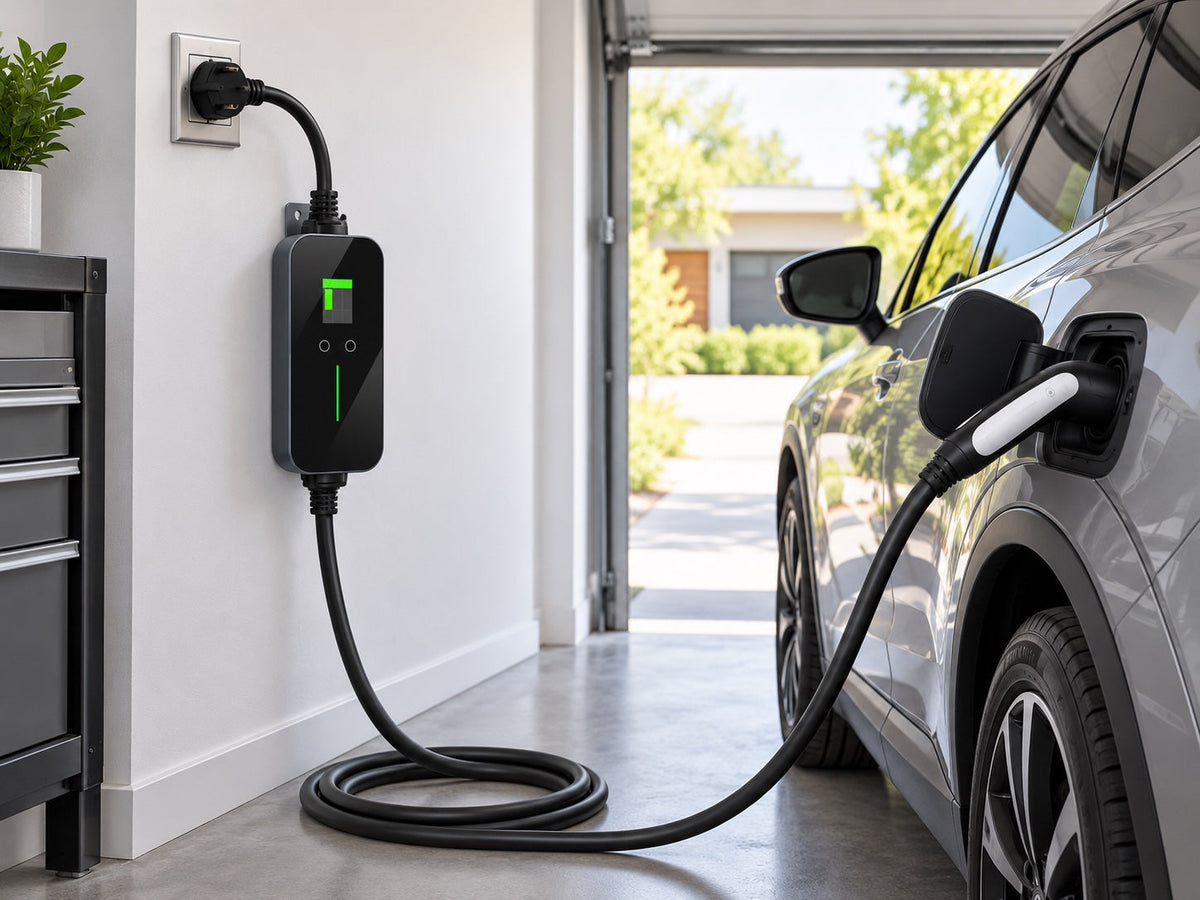 Portable Level 2 EV charger connected to an electric vehicle in a bright home garage