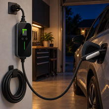 VOLGOO portable Level 2 charger connected at night
