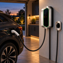VOLGOO wall charger connected to an electric vehicle at dusk