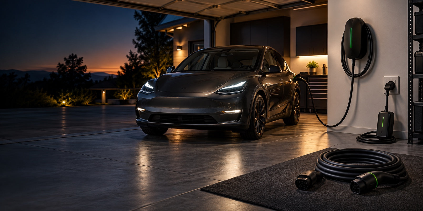 Wall-mounted, portable and extension EV charging solutions arranged in a residential garage