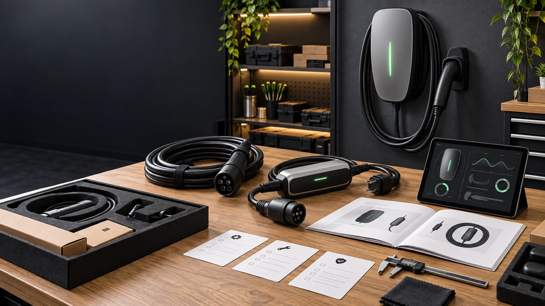VOLGOO charging equipment, packaging, diagnostics and documentation in a professional support workspace